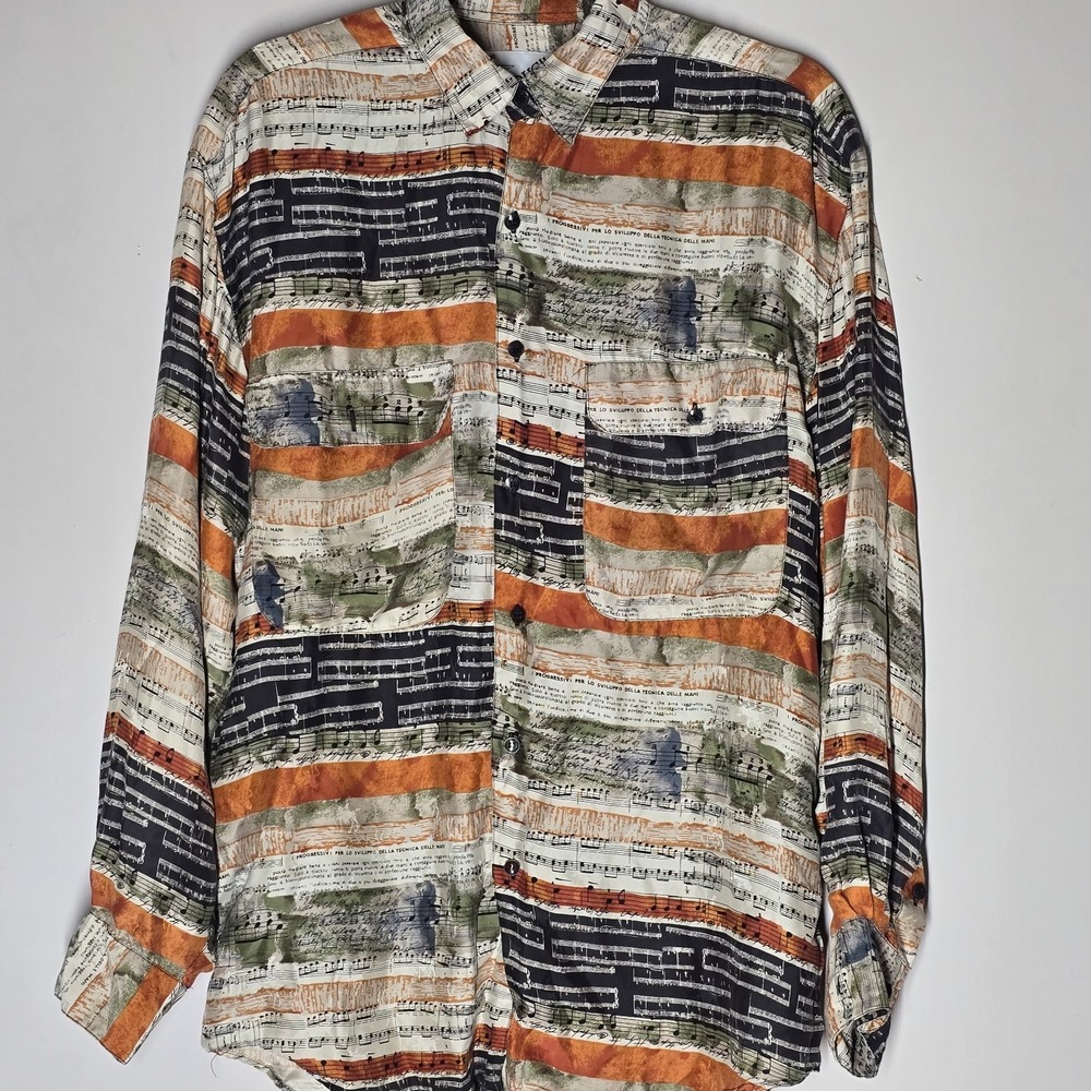 Vtg 90s Music Silk Abstract Festival Disco Jazz Button Up Shirt Goouch‎ Mens S